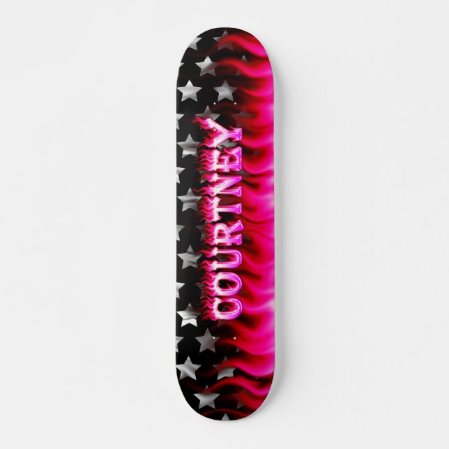 Courtney skateboard pink fire and flames design (Front)