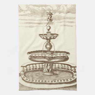 Courtyard Fountain with Ornamental Cherub Kitchen Towel