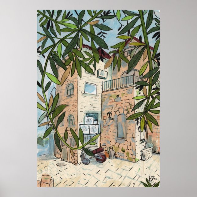 Courtyard in Haifa Israel Cityscape Collage Sketch Poster (Front)