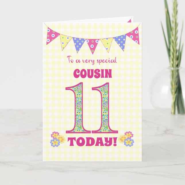 Cousin 11e Anniversaire Primroses et carte Bunting (Devant)