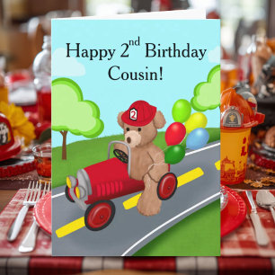 Cousin 2nd Birthday Teddy Bear Firetruck Card