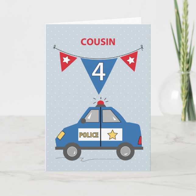 Cousin 4th Birthday Blue Police Car Card (Front)