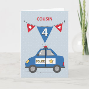 Cousin 4th Birthday Blue Police Car Card