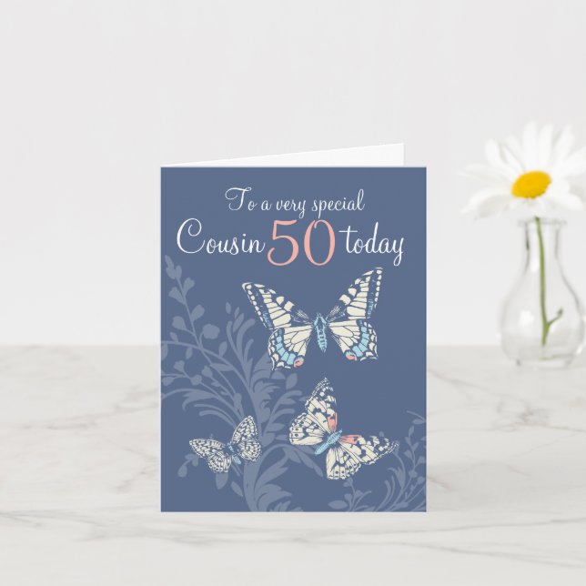 Cousin 50th birthday butterflies blue coral card (Small Plant)