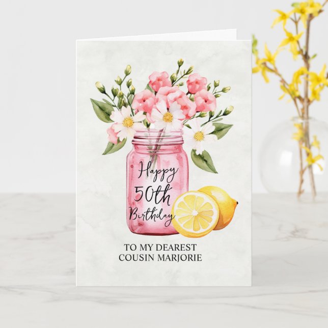 Cousin 50th Birthday Pink Floral Jar Greeting Card (Yellow Flower)