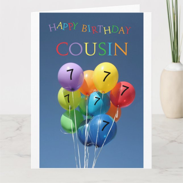 Cousin 7th birthday coloured balloons card (Front)