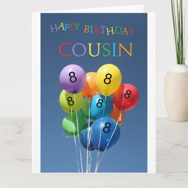 Cousin 8th birthday coloured balloons card (Front)