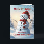 Cousin and Family Christmas Snowman  Holiday Card<br><div class="desc">A festive winter scene showing a cheerful snowman in a red hat and scarf. Wish your cousin and family a merry Christmas with a lovely snowman card.</div>