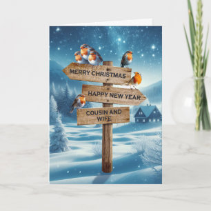 Cousin and his Wife Christmas Robins on a Signpost Holiday Card