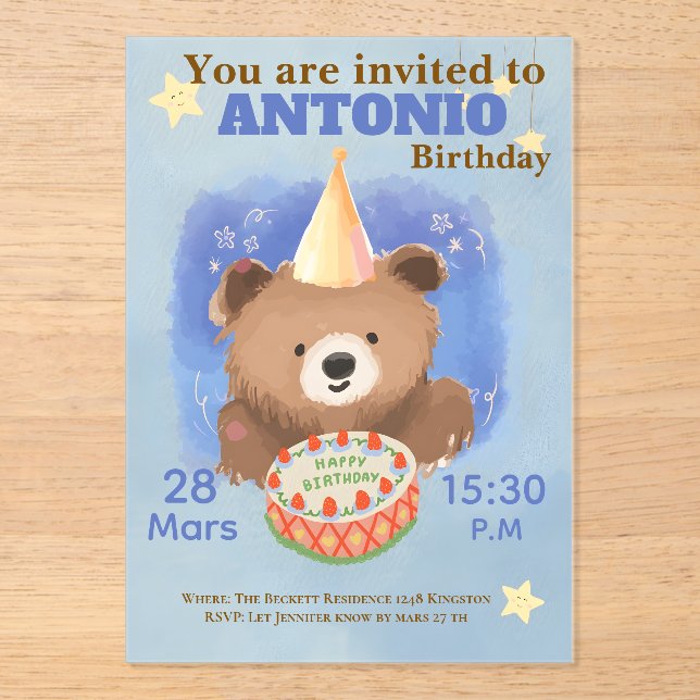 Cousin Bear Watercolor Acrylic Invitations (Front)