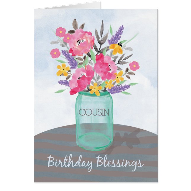 Cousin Birthday Blessings Jar Vase with Flowers (Front)