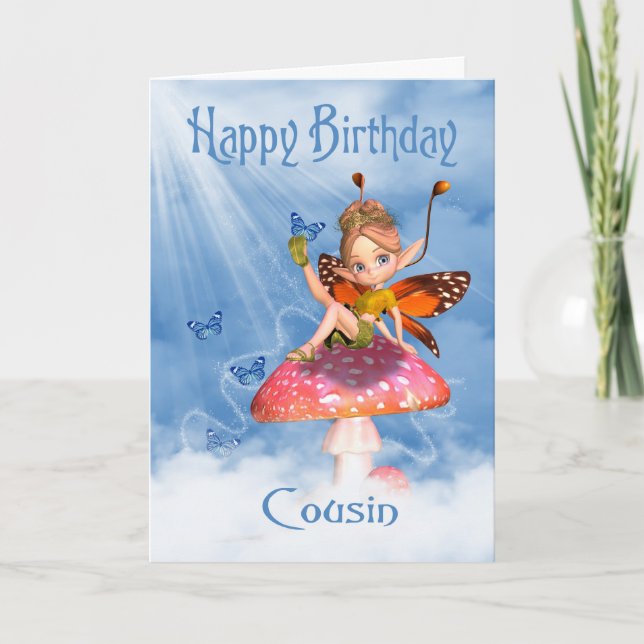 Cousin Birthday Card - Cute Fairy On A Mushroom (Front)