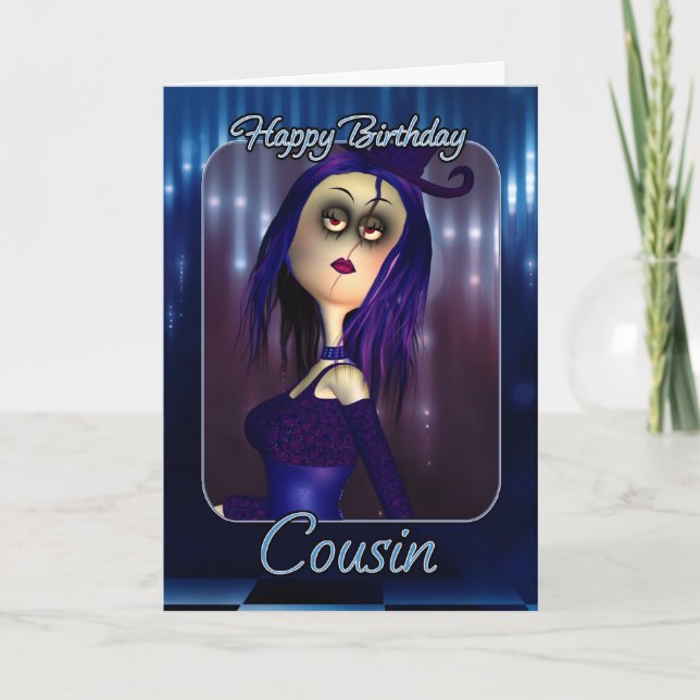 Cousin Birthday Card - Moonies Cute Rag Doll Goth (Front)
