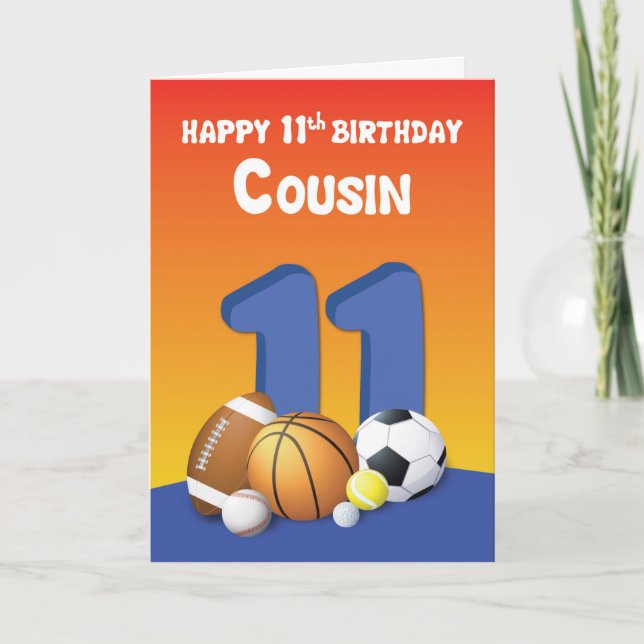 Cousin Boy 11th Birthday Sports Balls Card (Front)