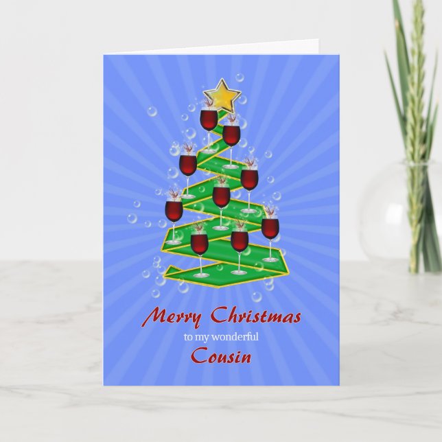 Cousin, Christmas Tree with Wine Holiday Card (Front)