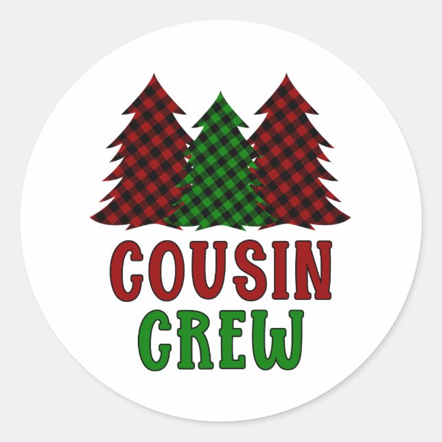 Cousin Crew Buffalo Plaid Christmas Tree Classic Round Sticker (Front)
