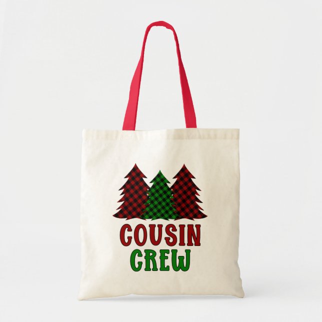 Cousin Crew Buffalo Plaid Christmas Tree Tote Bag (Front)