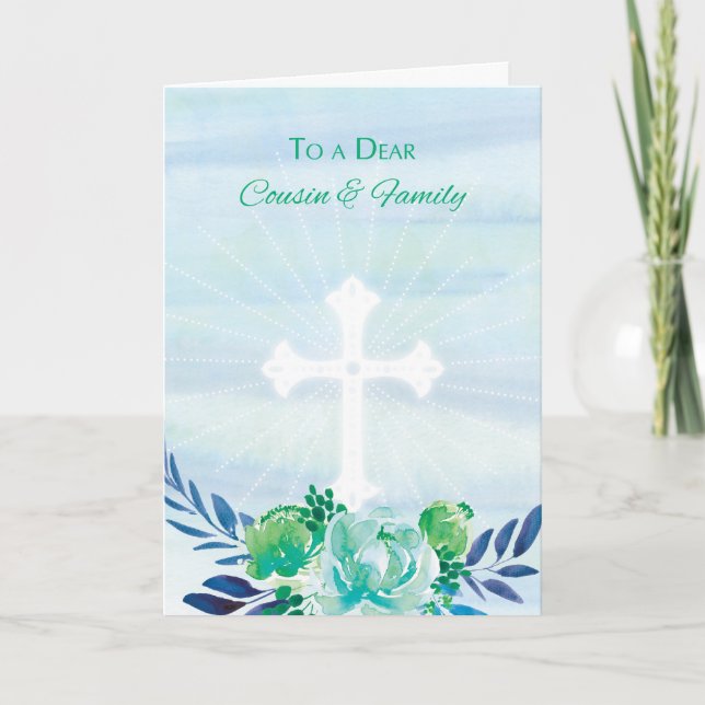 Cousin & Family Teal Blue Flowers w/ Cross Easter Holiday Card (Front)