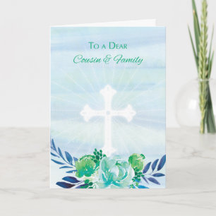 Cousin & Family Teal Blue Flowers w/ Cross Easter Holiday Card