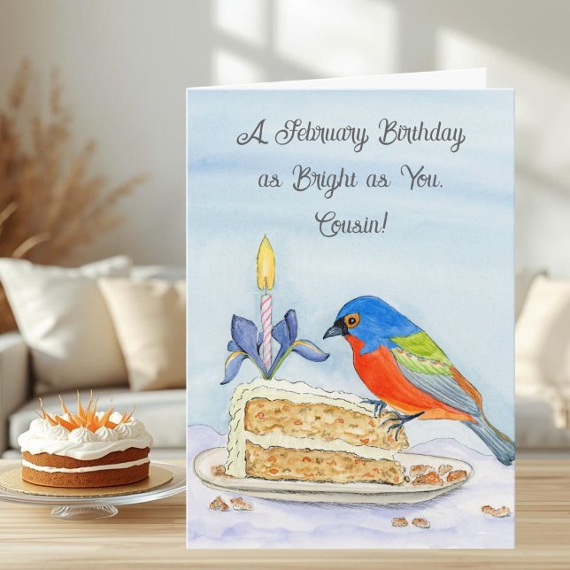 Cousin Happy February Birthday Painted Bunting Card (Creator Uploaded)