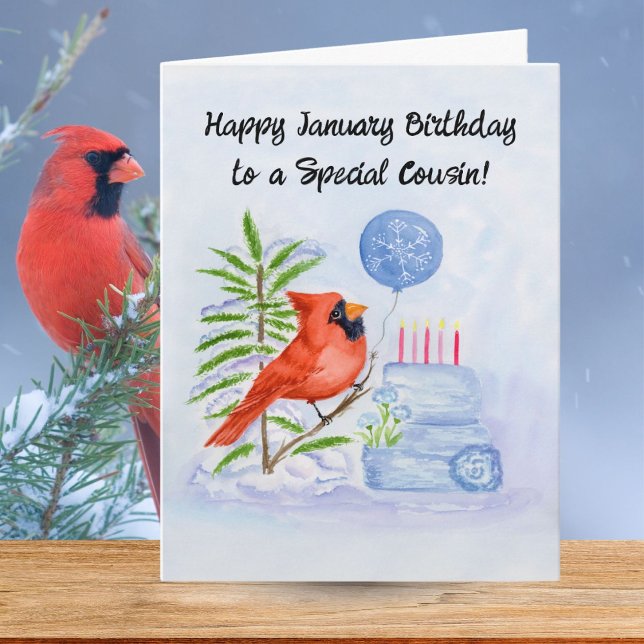 Cousin Happy January Birthday Cardinal with Cake Card (Creator Uploaded)