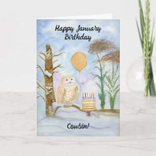 Cousin Happy January Birthday Owl Cake Card