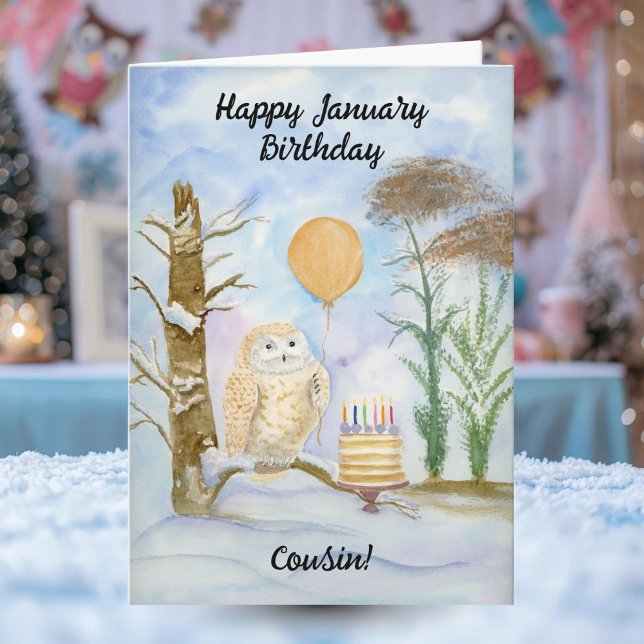 Cousin Happy January Birthday Owl Cake Card (Creator Uploaded)