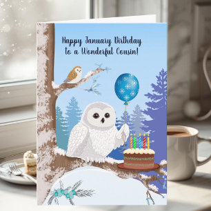 Cousin Happy January Birthday Snowy Owl Card