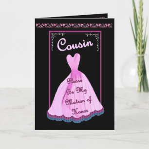 COUSIN Matron of Honour -  PINK Gown Flowered Trim Invitation