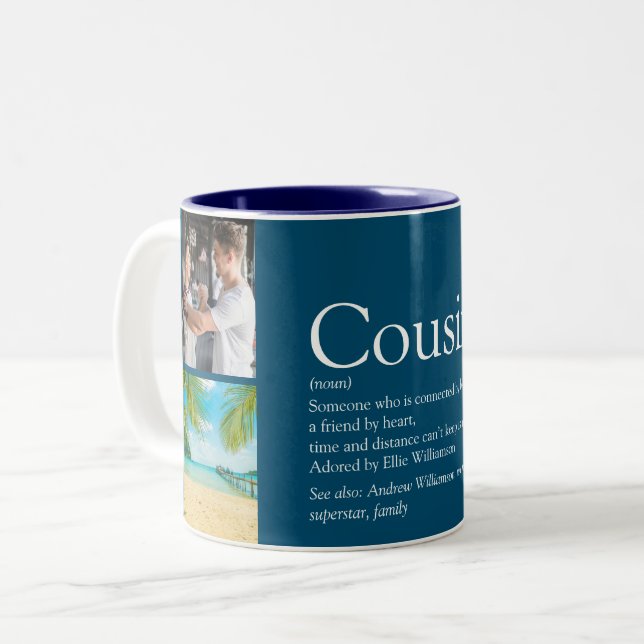 Cousin Modern 4 Photo Fun Blue Definition  Two-Tone Coffee Mug (Front Left)