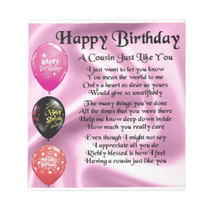 Cousin poem - pink - Happy Birthday Notepad