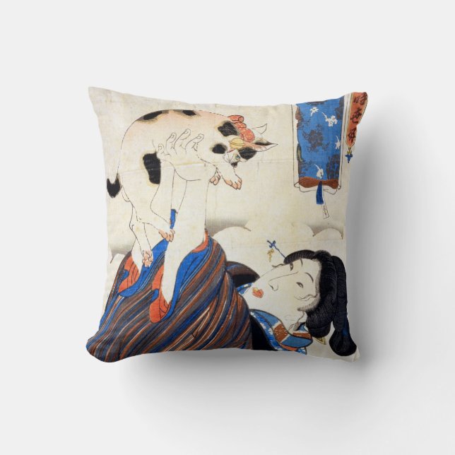 Coussin 猫と女, chat de 国芳 et femme, Kuniyoshi, Ukiyo-e (Recto)