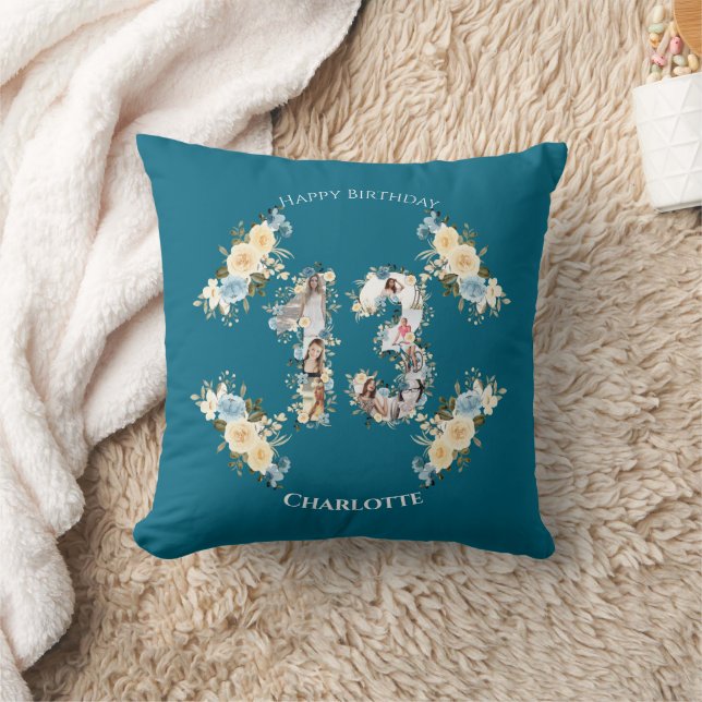 Coussin 13e anniversaire Photo Collage Fleur Jaune Turquoi (Couverture)