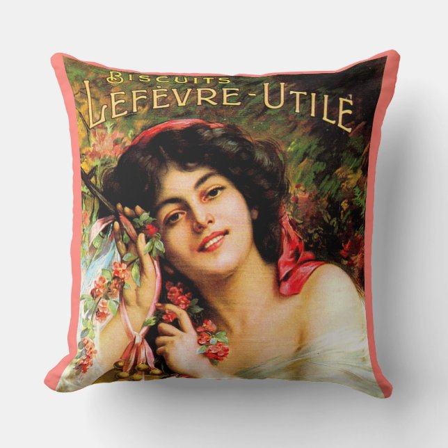 Coussin 1909 jolie dame Biscuits Lefevre-Utile (Recto)