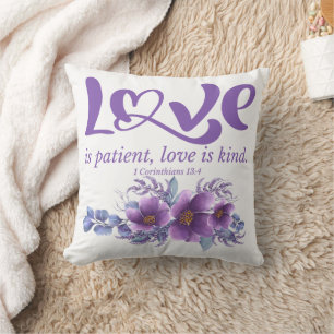 Coussin 1 Corinthiens 13:4 L'amour est Patient Purple Flor