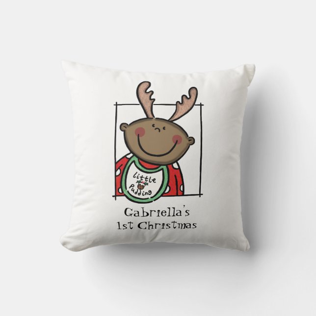 Coussin 1er Noël de bébé sur mesure teint foncé visage (Recto)