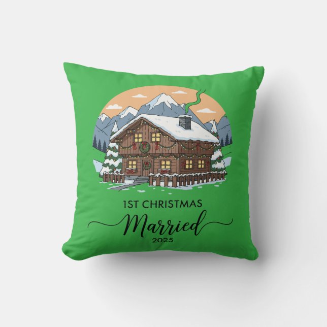 Coussin 1er Noël de mariage 2025 Ornement de cabine rustiq (Recto)