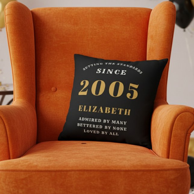 Coussin 21st Birthday Gift Personalized 2005 Black Gold (2005 throw pillow in an orange chair)
