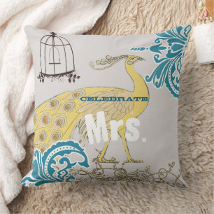 Coussin 2e anniversaire Turquoise corail jaune Damas Birdc
