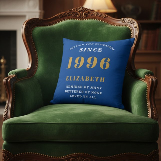 Coussin 30th Birthday 1996 Add Name Blue Gold Personalized (1996 blue throw pillow on a green velvet chair.)
