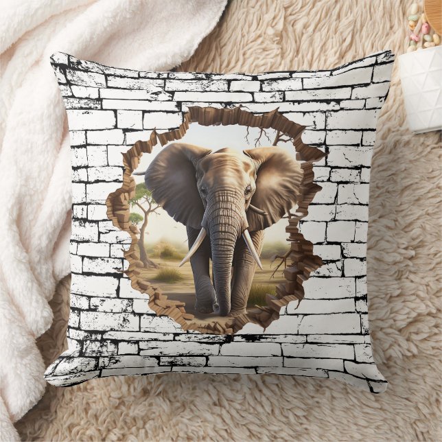 Coussin 3D Elephant Wall Break Art – Realistic Safari (2) (Couverture)