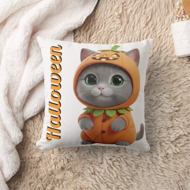 Coussin 3D Kawaii Pumpkin Cat Halloween Throw Pillow (Couverture)