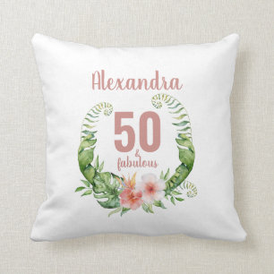 Coussin 50 et fabuleux script rose vif anniversaire élég