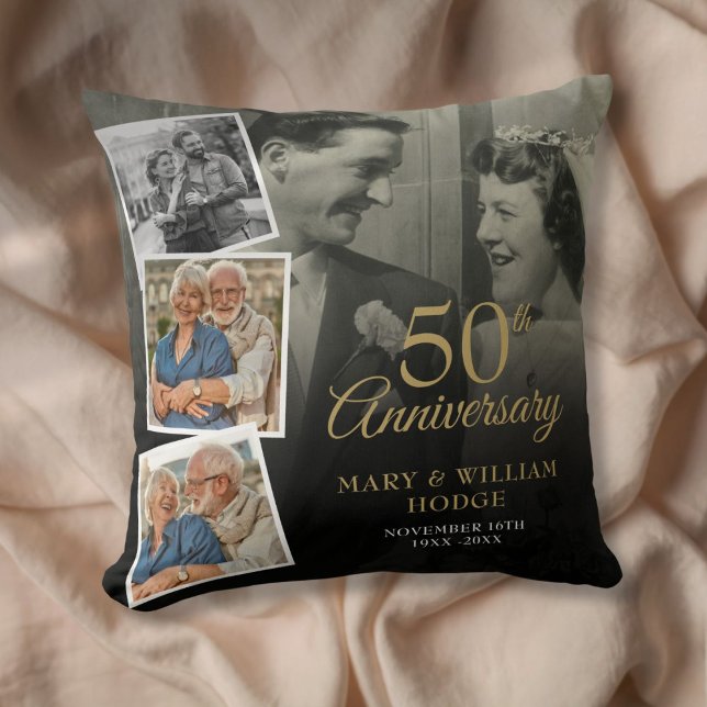 Coussin 50e anniversaire de mariage 5 photos en collage (50th Wedding Anniversary 5 Photo Collage Throw Pillow)