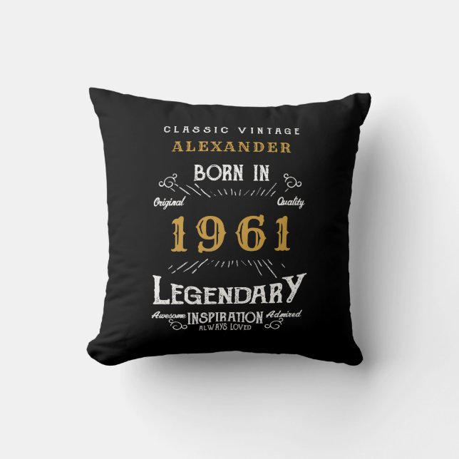 Coussin 60e anniversaire Né 1961 Noir rétro Personnalisé (Recto)