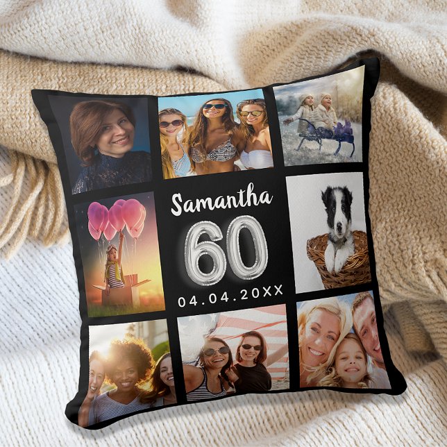 Coussin 60e anniversaire noir argent collage photo personn (Créateur téléchargé)