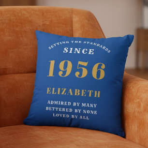 Coussin 70e anniversaire 1956 Nom personnalisé Bleu Or