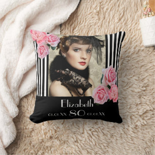 Coussin 80e anniversaire noir blanc rayures photo