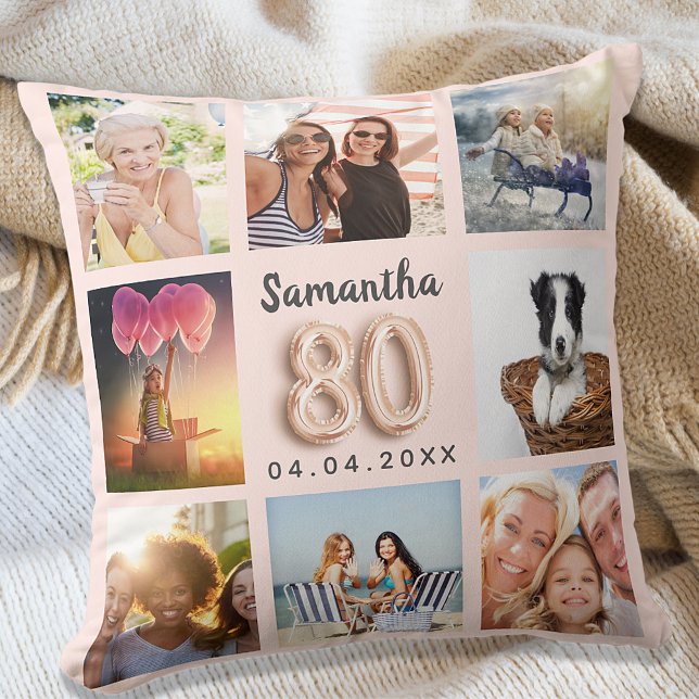 Coussin 80e anniversaire rose or blush rose collage photo (Créateur téléchargé)