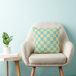 Coussin à damiers Amour en Turquoise, Jaune et Blanc
